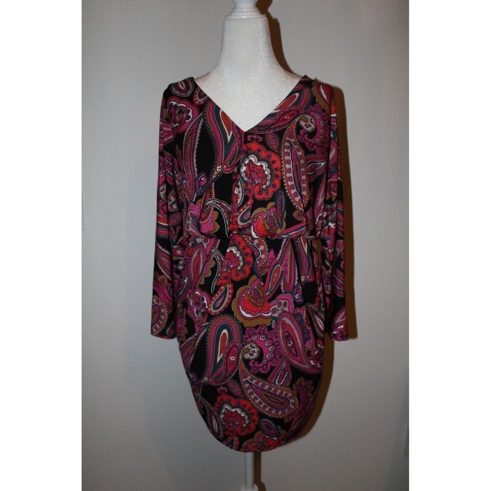 Trina‎ Turk Pink Paisley V-Neck Long Sleeve Blouson Dress Size S
